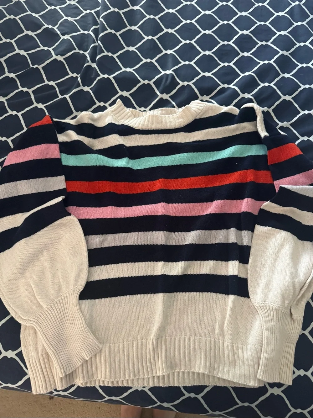 Crown & Ivy Striped Crewneck Sweater in Ivory with Multicolor Stripes